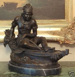  American Artwork Male Indian Canoe Bronze Marble Statue Sculpture