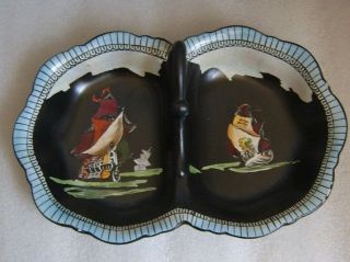 ART DECO HAND PAINTED PIRATE SHIPS TWO SIDED NUT TRINKET DISH CORONET 