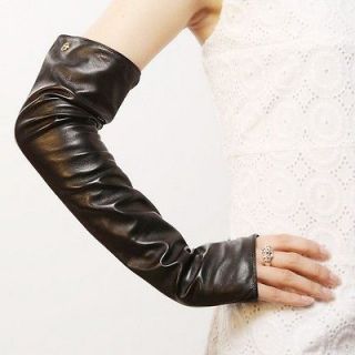 Black & L Lady fingerless elbow long kid leather driving Gloves Gold 