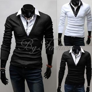New Mens Luxury Casual Stylish Slim Fit Shirts V neck with collar 3 