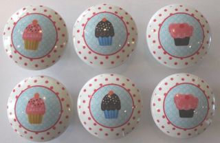 girls cupcake dresser knobs pink blue brown polka dot