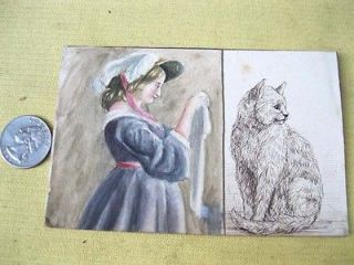 vintage schoolgirl watercolor you ng lady cat c 1890 time