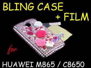 Flower Pink Bling Crystal Case + Film for Huawei M865 C8650 Ascend II 