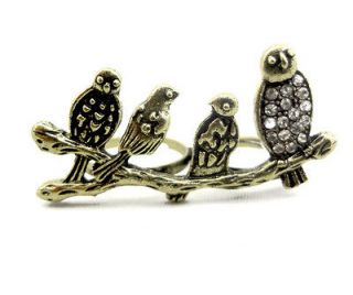   Style Rhinestone Bronze Four Birds Owl On Branch Double Finger Ring