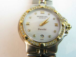 DIAMOND STEEL AND GOLD LADIES RAYMOND WEIL PARSIFAL WATCH #9990