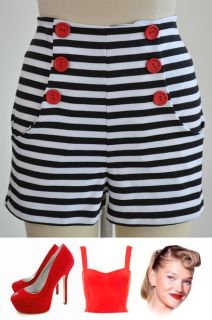   Style Black & White STRIPE HIGH WAISTED Pinup Shorts with RED BUTTONS