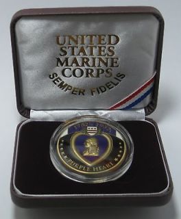 UNITED STATES MARINE CORPS PURPLE HEART MEDAL COIN WITH LEATHERETTE 