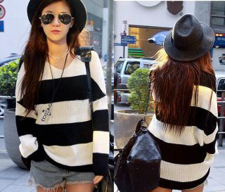   Sleeve Sweater Round Neck Striped Knitwear Baggy TOP Pullover Jumper