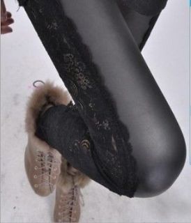   Women Girls Fashion Splendid Lace Reja Faux Leather Leggings BLACK