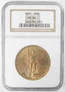 1925 $ 20 saint gaudens double eagle gold ngc ms64