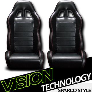 2x Universal SP Style PVC Leather Black & Red Stitch Racing Seats 