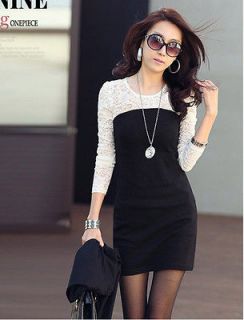 New Sexy Korea Women Black White Lace Long Sleeve Casual Cotton Dress 