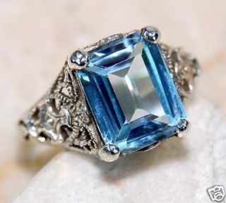 3CT Aquamarine 925 Solid Sterling Silver Victorian Style Filigree Ring 