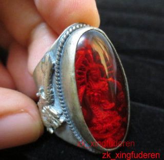   tibet silver tribal carved dragon inlaid red amber ring SZ9#10#11