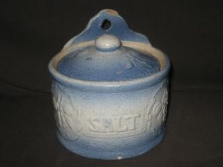 antique blue glaze pottery salt crock salt box with lid