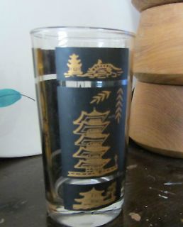 Retro Black & Gold Graphic Rickshaw Pagoda Drinking Glass 5 1/8 Made 