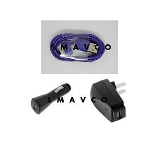 USB Car Charger + Travel Charger + Purple Sync Cable Apple iPod 