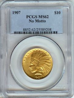 1907 p gold $ 10 no motto coin pcgs ms62