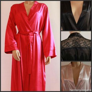 SATIN and LACE Long Robe Dressing Gown Wrap in RED, GOLD or BLACK 10 