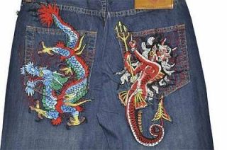 Ed Hardy Dragon Siren Mermaid Distressed Denim Jeans Mens 36x32 NEW