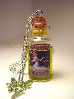 Antique Absinthe Glass Bottle Liquid Potion Necklace   Green Fairy 