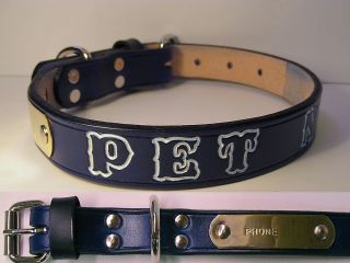 blue leather small dog collar personalized with pet name brass