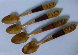   Asian Thailand Buddha Flatware Set Of 4 Spoon Small Bronze Wood Yellow