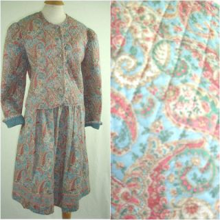   80s VERA BRADLEY Pastel Paisley QUILTED Puff JACKET & SKIRT Suit M L