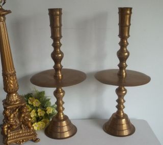 Antique LARGE etched brass temple candle stick holder pair. Made in 