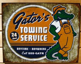 Gators Towing Service TIN SIGN wrecker vtg metal decor garage bar 