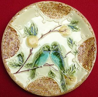 antique french salins majolica parakeets 12 plate c1880 from france