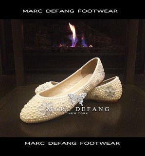 MARC DEFANG   The LUXURY Ivory pearl flats with Clear Crystals Florals 