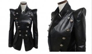 Punk Women Black Faux Leather Peak Power Sharp Shoulder Blazer Jacket 