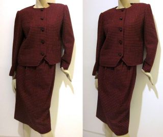   Auth NINA RICCI Paris MAD MEN Red WOOL HOUNDSTOOTH 2 Pc SKIRT Suit M/L