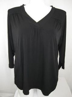 Susan Graver Size 1X Liquid Knit 3/4 Sleeve V Neck Top with Shirring 