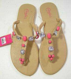 CANDIES Beige & Coral Jeweled T Strap Flip Flops Sandals NWT Size 