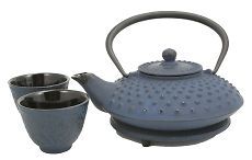 Blue Cast Iron Tea Set Two Cups Japanese Hobnail Tetsubin