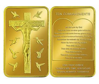   CHRIST .999 24k GOLD CLAD TROY OUNCE ART BAR TEN COMMANDMENTS CROSS