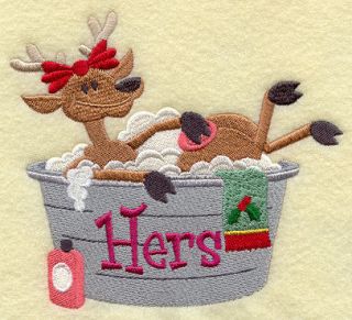   HERS REINDEER BATHTUB SET OF 2 BATH HAND TOWELS EMBROIDERED BY LAURA