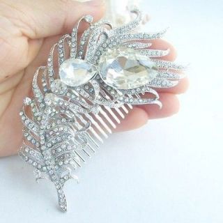 Tiara Bridal Peacock Feather Hair Comb w Clear Rhinestone Crystals 