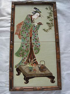 Maw & Co Hand Majolica painting of Japanese lady on pair of framed 