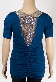 X51~SEXY BLUE SILVER SEQUIN DESIGN BACK RUCHED SOFT Top Plus Size 2X 