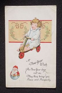   Years Greeting Christmas Santa Roly Poly Child on Wooden Tricycle PC