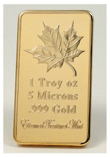 Troy Oz 999.9 24K 5 Microns GOLD Clad MAPLE LEAF Bullion Bar Art 