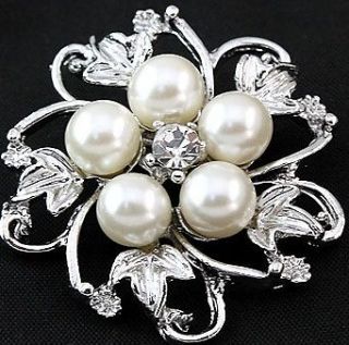 White Pearl Brooch Pins Stainless Steel Flower Ring Jewel Necklace 