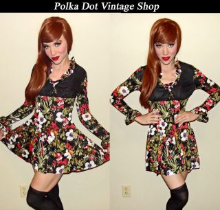 Womens Vintage 60s Twiggy MOD Floral Baby Doll BELL Sleeve DOLLY Mini 