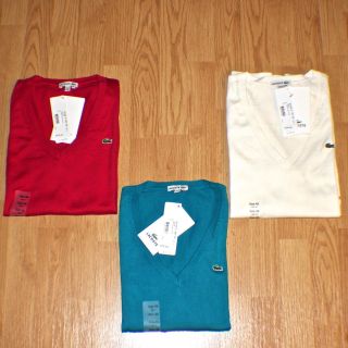 Womens LACOSTE V Neck Sweaters 100% Supima Cotton New WT $125 Red Blue 