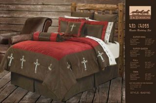 Rustic Western Brown and Red Faux Suade Cowboy Cross Bedding Set