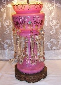 Antique Opaline Glass Luster Lamp Victorian Crystal Prisms Pink Cased 