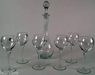 VINTAGE CUT GLASS DECANTER & SIX (6) LIQUOR GOBLETS SET ROMANIA GRAPE 